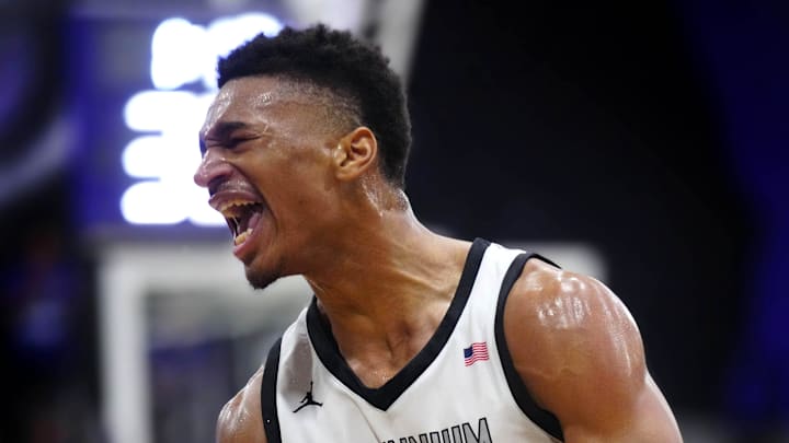 Millennium forward Cameron Holmes (3) reacts after dunking against Sunnyslope during a game at Millennium High School in Goodyear on Jan. 23, 2025.