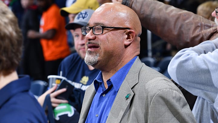 Nov 8, 2018; South Bend, IN, USA; Chicago State Cougars athletic director Chris Zorich looks on after a game against the Notre Dame Fighting Irish at the Purcell Pavilion. Nov 8, 2018; South Bend, IN, USA; Chicago State Cougars athletic director Chris Zorich looks on after a game against the Notre Dame Fighting Irish at the Purcell Pavilion.