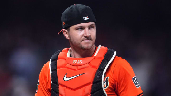 May 31, 2024; San Francisco, California, USA; San Francisco Giants catcher Patrick Bailey (14) during the sixth inning against the New York Yankees at Oracle Park. 