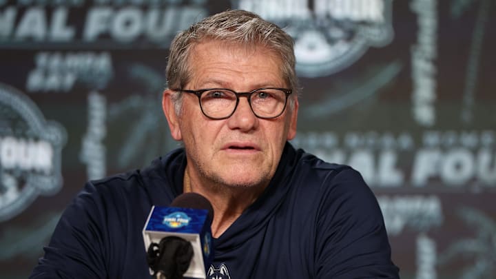 Apr 5, 2025; Tampa, FL, USA; UConn Huskies head coach Geno Auriemma talks to media before the NCAA Woman’s Final practice at Amalie Arena. Mandatory Credit: Nathan Ray Seebeck-Imagn Images