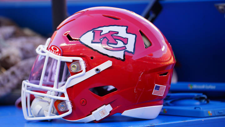 Nov 10, 2024; Kansas City, Missouri, USA; A general view of a Kansas City Chiefs helmet after the win over the Denver Broncos at GEHA Field at Arrowhead Stadium. Mandatory Credit: Denny Medley-Imagn Images