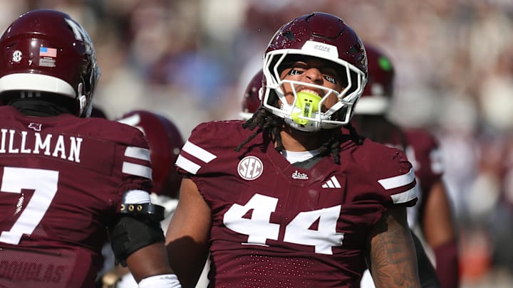 Mississippi State Bulldogs linebacker Branden Jennings (44) reacts in the first half against the Mississippi Rebels at Davis Wade Stadium at Scott Field.