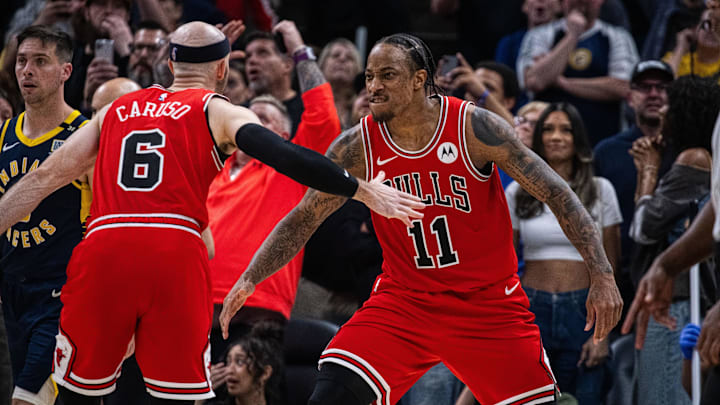 Mar 13, 2024; Indianapolis, Indiana, USA; Chicago Bulls forward DeMar DeRozan (11) and guard Alex Caruso (6): Trevor Ruszkowski-USA TODAY Sports