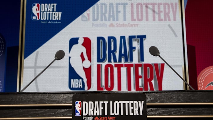 May 15, 2018; Chicago, IL, USA; The podium with logos is seen prior to the 2018 NBA Draft Lottery at the Palmer House Hilton. Mandatory Credit: Patrick Gorski-Imagn Images