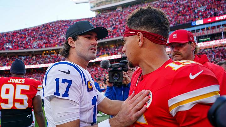 Nov 23, 2025; Kansas City, Missouri, USA; Indianapolis Colts quarterback Daniel Jones (17) and Kansas City Chiefs quarterback Patrick Mahomes (15) greet after the game at GEHA Field at Arrowhead Stadium. Mandatory Credit: Denny Medley-Imagn Images Nov 23, 2025; Kansas City, Missouri, USA; Indianapolis Colts quarterback Daniel Jones (17) and Kansas City Chiefs quarterback Patrick Mahomes (15) greet after the game at GEHA Field at Arrowhead Stadium. Mandatory Credit: Denny Medley-Imagn Images