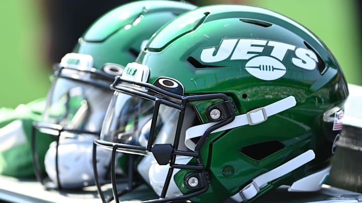 Sep 12, 2021; Charlotte, North Carolina, USA;  New York Jets helmets on the sidelines at Bank of America Stadium. Mandatory Credit: Bob Donnan-Imagn Images