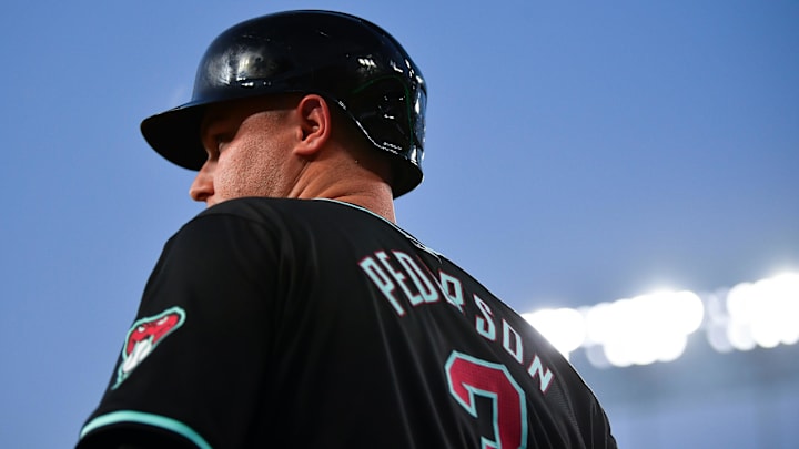 May 22, 2024; Los Angeles, California, USA; Arizona Diamondbacks designated hitter Joc Pederson (3) before hitting against the Los Angeles Dodgers during the third inning at Dodger Stadium. Mandatory Credit: Gary A. Vasquez-USA TODAY Sports