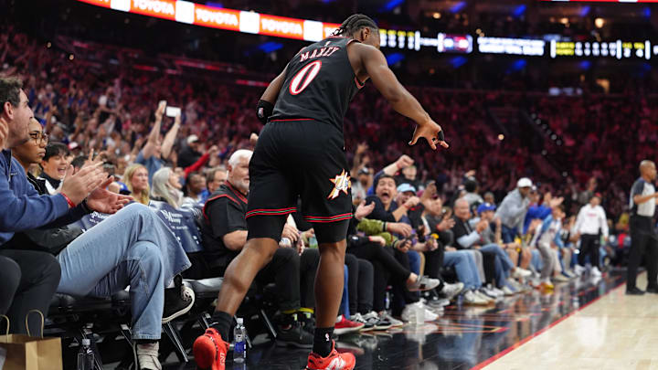 Apr 12, 2026; Philadelphia, Pennsylvania, USA; Philadelphia 76ers guard Tyrese Maxey (0) reacts after scoring against the Milwaukee Bucks in the third quarter at Xfinity Mobile Arena. Mandatory Credit: Kyle Ross-Imagn Images