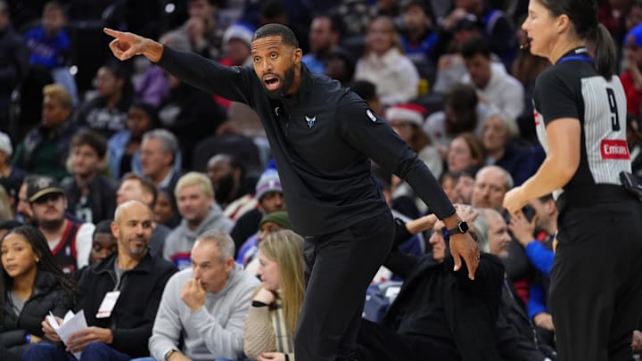 Dec 20, 2024; Philadelphia, Pennsylvania, USA; Charlotte Hornets head coach Charles Lee reacts against the Philadelphia 76ers in the fourth quarter at Wells Fargo Center. Mandatory Credit: Kyle Ross-Imagn Images