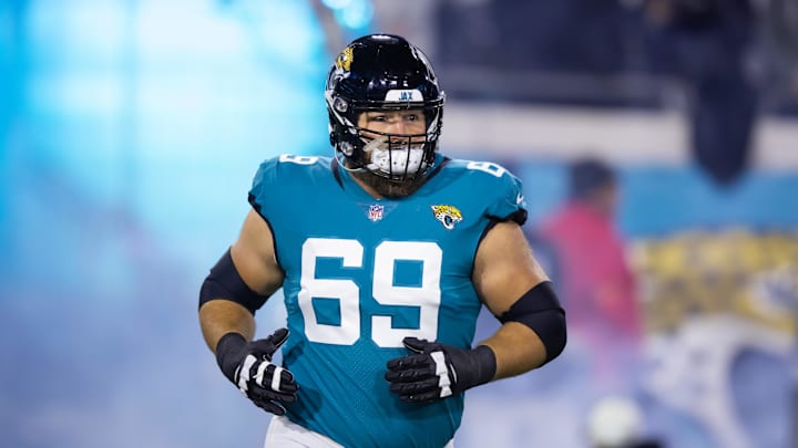 Jan 14, 2023; Jacksonville, Florida, USA; Jacksonville Jaguars center Tyler Shatley (69) against the