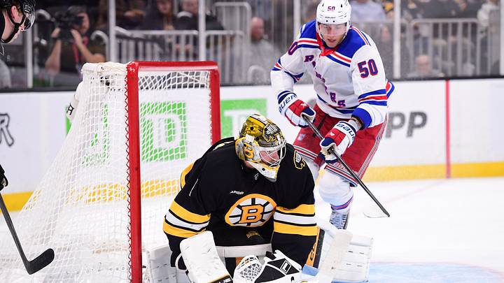 Sep 29, 2026; Boston, Massachusetts, USA; Boston Bruins goaltender Jeremy Swayman (1) ties the puck up in front of New York Rangers left wing Will Cuylle (50) during the second period at TD Garden. Mandatory Credit: Bob DeChiara-Imagn Images Sep 29, 2026; Boston, Massachusetts, USA; Boston Bruins goaltender Jeremy Swayman (1) ties the puck up in front of New York Rangers left wing Will Cuylle (50) during the second period at TD Garden. Mandatory Credit: Bob DeChiara-Imagn Images