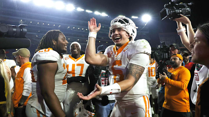 Nov 22, 2025; Gainesville, Florida, USA; Tennessee Volunteers quarterback Joey Aguilar (6) celebrates after they beat the Florida Gators at Ben Hill Griffin Stadium. Mandatory Credit: Kim Klement Neitzel-Imagn Images
