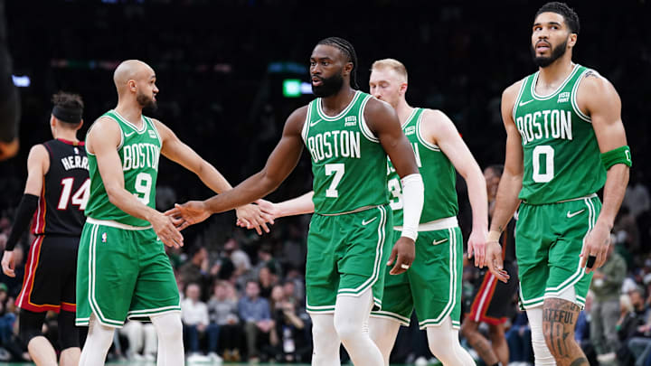 Apr 24, 2024; Boston, Massachusetts, USA; Boston Celtics guard Jaylen Brown (7), forward Jayson