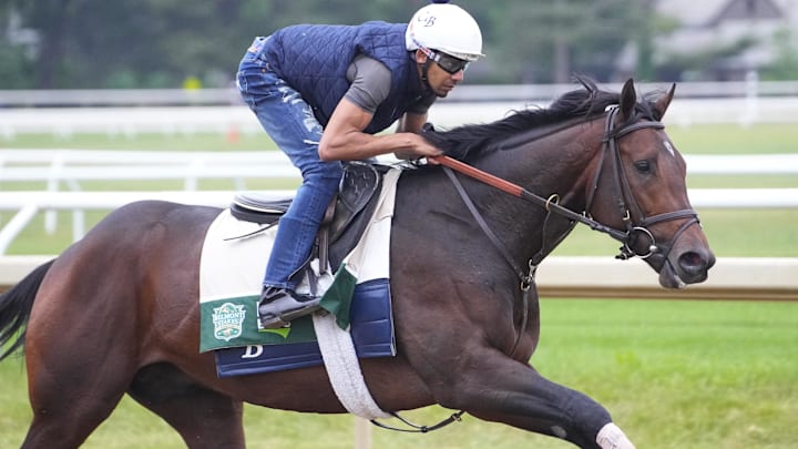 Jun 6, 2024; Saratoga Springs, NY, USA;  Belmont stakes contender Sierra Leone trains Thursday morning at the Oklahoma Training Track. Mandatory Credit: Gregory Fisher-Imagn Images