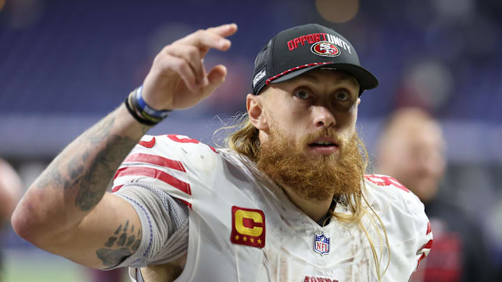 Dec 22, 2025; Indianapolis, Indiana, USA; San Francisco 49ers tight end George Kittle (85) leaves the field after the game against the Indianapolis Colts at Lucas Oil Stadium. Mandatory Credit: Trevor Ruszkowski-Imagn Images