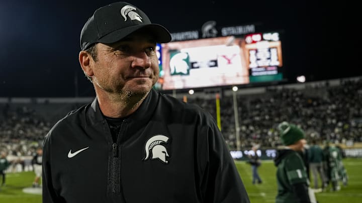 Sep 6, 2025; East Lansing, Michigan, USA; Michigan State head coach Jonathan Smith walks across the field following a double-overtime victory over Boston College at Spartan Stadium. Mandatory Credit: Brendan Mullin-Imagn Images Sep 6, 2025; East Lansing, Michigan, USA; Michigan State head coach Jonathan Smith walks across the field following a double-overtime victory over Boston College at Spartan Stadium. Mandatory Credit: Brendan Mullin-Imagn Images
