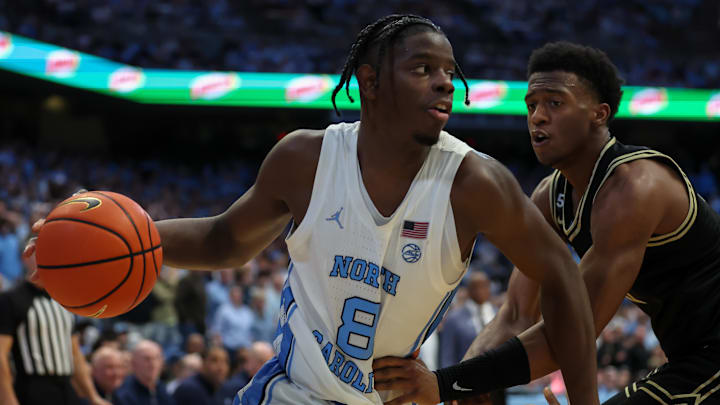 Jan 10, 2026; Chapel Hill, North Carolina, USA; North Carolina Tar Heels forward Caleb Wilson (8) goes to the basket against the Wake Forest Demon Deacons during the second half at Dean E. Smith Center. Mandatory Credit: Cory Knowlton-Imagn Images