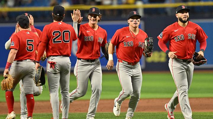 Sep 18, 2026; St. Petersburg, Florida, USA; Members of the Boston Red Sox celebrate after getting the final out against the Tampa Bay Rays at Tropicana Field. Mandatory Credit: Jonathan Dyer-Imagn Images Sep 18, 2026; St. Petersburg, Florida, USA; Members of the Boston Red Sox celebrate after getting the final out against the Tampa Bay Rays at Tropicana Field. Mandatory Credit: Jonathan Dyer-Imagn Images