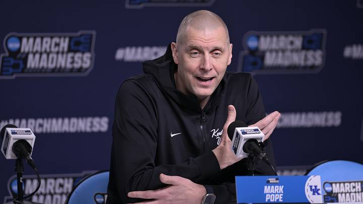 Mar 19, 2026; St. Louis, MO, USA; Kentucky Wildcats head coach Mark Pope speaks during an interview at the practice session ahead of the first round of the men's 2026 NCAA Tournament at Enterprise Center. Mandatory Credit: Jeff Le-Imagn Images Mar 19, 2026; St. Louis, MO, USA; Kentucky Wildcats head coach Mark Pope speaks during an interview at the practice session ahead of the first round of the men's 2026 NCAA Tournament at Enterprise Center. Mandatory Credit: Jeff Le-Imagn Images