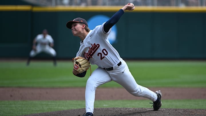 Jun 18, 2023; Omaha, NE, USA;  Virginia Cavaliers pitcher Connelly Early (20) throws against the TCU Horned Frogs in the second inning at Charles Schwab Field Omaha. Mandatory Credit: Steven Branscombe-Imagn Images