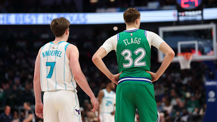 Charlotte Hornets guard Kon Knueppel (7) stands with Dallas Mavericks forward Cooper Flagg (32) Charlotte Hornets guard Kon Knueppel (7) stands with Dallas Mavericks forward Cooper Flagg (32)