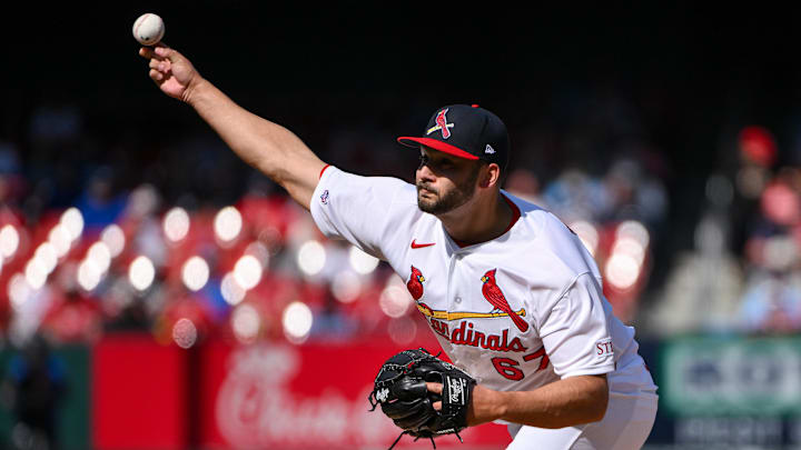 Mar 29, 2026; St. Louis, Missouri, USA; St. Louis Cardinals pitcher Matt Pushard (67) pitches in his major league debut in the eighth inning against the Tampa Bay Rays at Busch Stadium. Mandatory Credit: Jeff Curry-Imagn Images