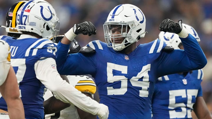 Indianapolis Colts defensive end Dayo Odeyingbo (54) reacts to a play Sunday, Sept. 29, 2024, during a game against the Pittsburgh Steelers at Lucas Oil Stadium in Indianapolis. Indianapolis Colts defensive end Dayo Odeyingbo (54) reacts to a play Sunday, Sept. 29, 2024, during a game against the Pittsburgh Steelers at Lucas Oil Stadium in Indianapolis.