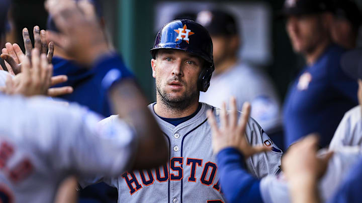 Sep 4, 2024; Cincinnati, Ohio, USA; Houston Astros third baseman Alex Bregman (2) high fives teammates after scoring on a RBI single hit by outfielder Ben Gamel (not pictured) in the second inning against the Cincinnati Reds at Great American Ball Park. Mandatory Credit: Katie Stratman-Imagn Images Sep 4, 2024; Cincinnati, Ohio, USA; Houston Astros third baseman Alex Bregman (2) high fives teammates after scoring on a RBI single hit by outfielder Ben Gamel (not pictured) in the second inning against the Cincinnati Reds at Great American Ball Park. Mandatory Credit: Katie Stratman-Imagn Images