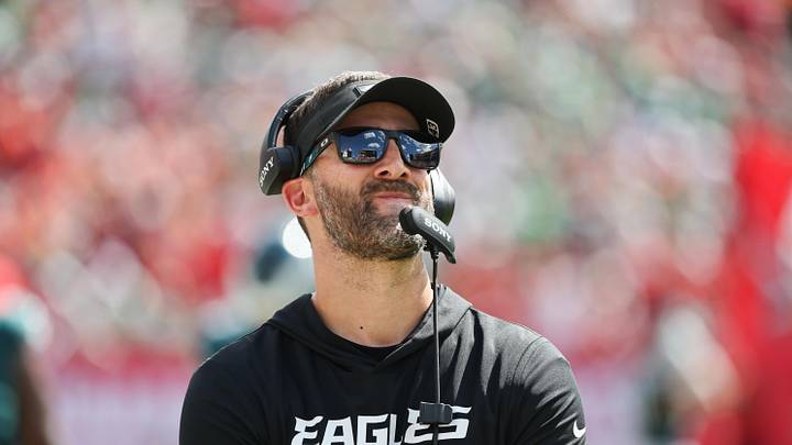 Sep 28, 2025; Tampa, Florida, USA; Philadelphia Eagles head coach Nick Sirianni looks on during the second half against the Tampa Bay Buccaneers at Raymond James Stadium. Mandatory Credit: Kim Klement Neitzel-Imagn Images