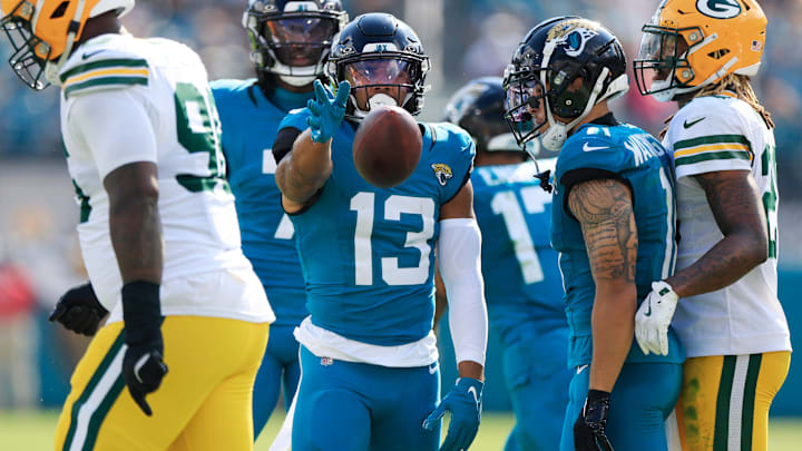 Jacksonville Jaguars wide receiver Christian Kirk (13) signals a first down during the third quarter of an NFL football matchup Sunday, Oct. 27, 2024 at EverBank Stadium in Jacksonville, Fla. The Packers edged the Jaguars 30-27 on a last-second field goal. [Corey Perrine/Florida Times-Union]