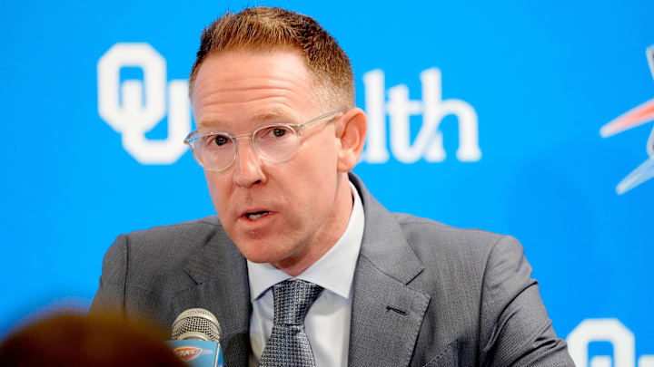 Thunder general manager Sam Presti speaks during an introductory press conference for the 2024 Thunder draft picks at Oklahoma Contemporary Arts Center in Oklahoma City, Saturday, June, 29, 2024.