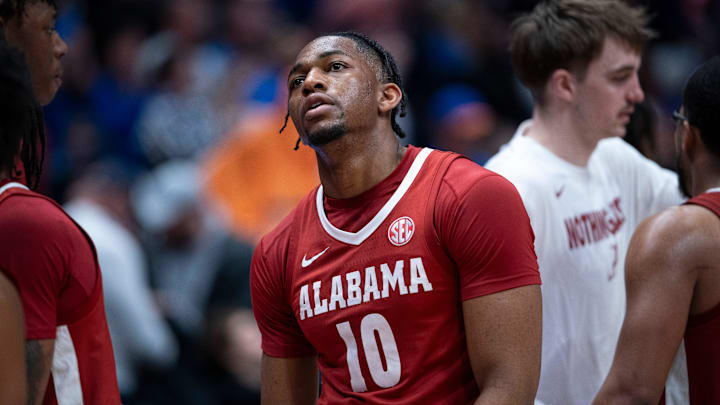 Alabama forward Mouhamed Dioubate (10) heads to the bench after losing to Florida in their semifinal game of the SEC Men's Basketball Tournament at Bridgestone Arena in Nashville, Tenn., Saturday, March 15, 2025. Alabama forward Mouhamed Dioubate (10) heads to the bench after losing to Florida in their semifinal game of the SEC Men's Basketball Tournament at Bridgestone Arena in Nashville, Tenn., Saturday, March 15, 2025.