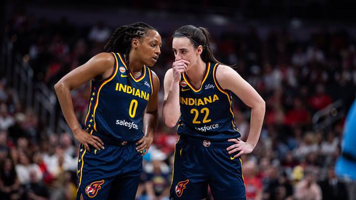 Jun 11, 2026; Indianapolis, Indiana, USA; Indiana Fever guard Kelsey Mitchell (0) and guard Caitlin Clark (22) in the first half against the Chicago Sky at Gainbridge Fieldhouse. Mandatory Credit: Trevor Ruszkowski-Imagn Images