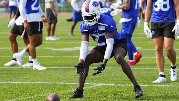 Buffalo Bills cornerback Tre'Davious White participates in drills in on the field during training camp.