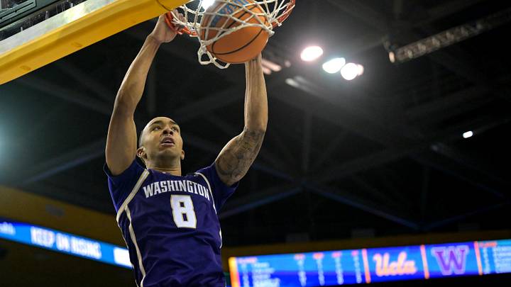 Feb 7, 2026; Los Angeles, California, USA;  Washington Huskies forward Bryson Tucker (8) dunks in the second half against the UCLA Bruins at Pauley Pavilion presented by Wescom Financial. Mandatory Credit: Jayne Kamin-Oncea-Imagn Images