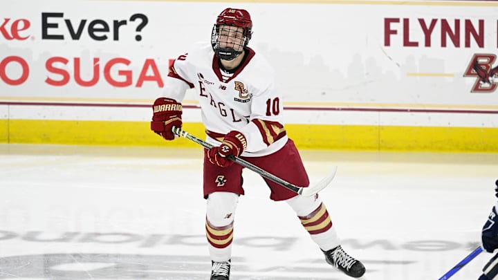 Feb 28, 2025; Chestnut Hill, MA, USA; Boston College forward James Hagens (10) skates against the University of New Hampshire Wildcats during the second period at Conte Forum. Mandatory Credit: Eric Canha-Imagn Images