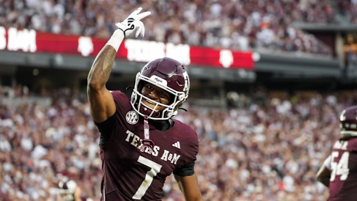 Aug 30, 2025; College Station, Texas, Texas A&M Aggies wide receiver KC Concepcion (7) celebrates after a touchdown in the second quarter against the UTSA Roadrunners USA; at Kyle Field. Mandatory Credit: Sean Thomas-Imagn Images