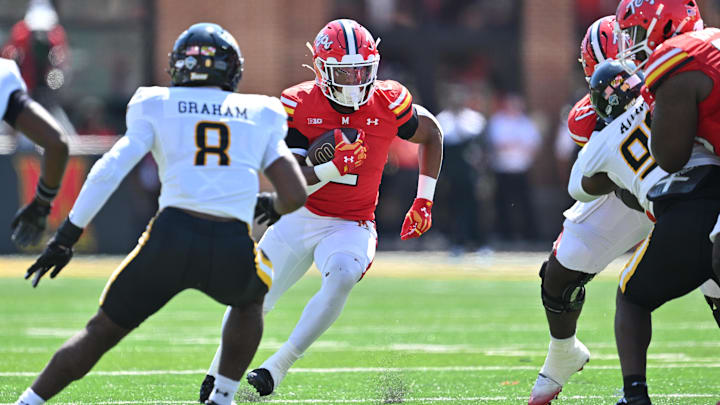 Sep 13, 2025; College Park, Maryland, USA;  Maryland Terrapins running back Nolan Ray (2)