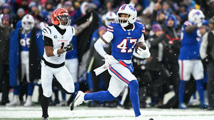 Buffalo Bills cornerback Christian Benford (47) runs the ball for a touchdown after an interception against the Cincinnati Bengals.