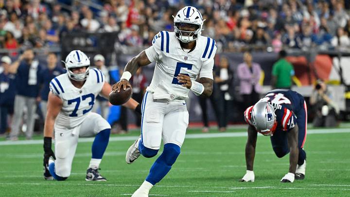 Aug 13, 2026; Foxborough, Massachusetts, USA; Indianapolis Colts quarterback Anthony Richardson Sr. (5) scrambles with the ball during the first half against the New England Patriots at Gillette Stadium. Mandatory Credit: Eric Canha-Imagn Images Aug 13, 2026; Foxborough, Massachusetts, USA; Indianapolis Colts quarterback Anthony Richardson Sr. (5) scrambles with the ball during the first half against the New England Patriots at Gillette Stadium. Mandatory Credit: Eric Canha-Imagn Images
