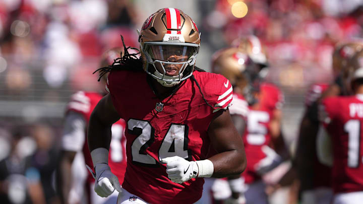 Oct 6, 2024; Santa Clara, California, USA; San Francisco 49ers running back Jordan Mason (24) during the first quarter against the Arizona Cardinals at Levi's Stadium. Mandatory Credit: Darren Yamashita-Imagn Images Oct 6, 2024; Santa Clara, California, USA; San Francisco 49ers running back Jordan Mason (24) during the first quarter against the Arizona Cardinals at Levi's Stadium. Mandatory Credit: Darren Yamashita-Imagn Images