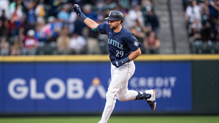 Seattle Mariners catcher Cal Raleigh rounds the bases after hitting a home run against the San Diego Padres on Sept. 10 at T-Mobile Park.
