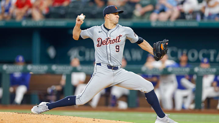 Jun 4, 2024; Arlington, Texas, USA; Detroit Tigers pitcher Jack Flaherty (9) throws during the first inning against the Texas Rangers at Globe Life Field.