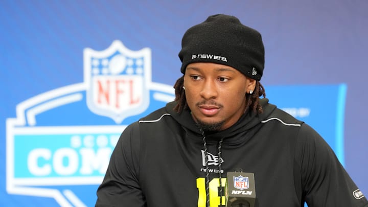 Feb 25, 2026; Indianapolis, IN, USA; Pittsburgh linebacker Kyle Louis (LB16) speaks during the NFL Scouting Combine at the Indiana Convention Center. Mandatory Credit: Kirby Lee-Imagn Images