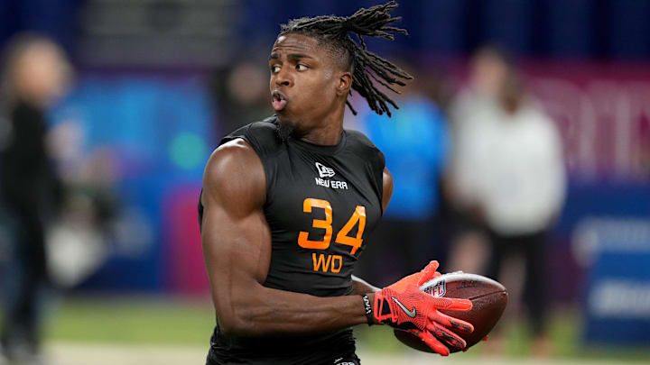 Mar 1, 2025; Indianapolis, IN, USA; Nebraska wideout Isaiah Neyor (WO34) during the 2025 NFL Combine at Lucas Oil Stadium.