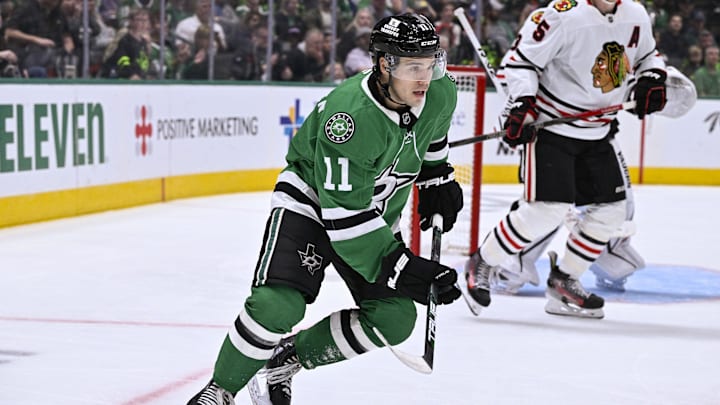 Oct 26, 2024; Dallas, Texas, USA; Dallas Stars center Logan Stankoven (11) in action during the game between the Dallas Stars and the Chicago Blackhawks at American Airlines Center. Mandatory Credit: Jerome Miron-Imagn Images