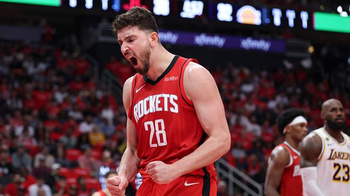 Apr 26, 2026; Houston, Texas, USA; Houston Rockets center Alperen Sengun (28) reacts after a play during the second quarter against the Los Angeles Lakers during game four of the first round of the 2026 NBA Playoffs at Toyota Center. Mandatory Credit: Troy Taormina-Imagn Images Apr 26, 2026; Houston, Texas, USA; Houston Rockets center Alperen Sengun (28) reacts after a play during the second quarter against the Los Angeles Lakers during game four of the first round of the 2026 NBA Playoffs at Toyota Center. Mandatory Credit: Troy Taormina-Imagn Images