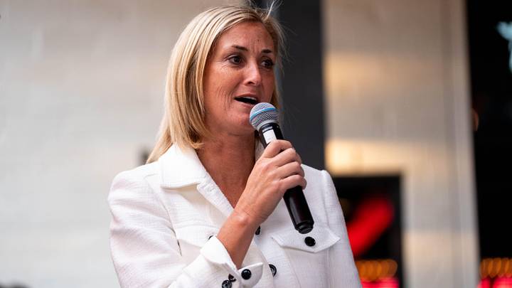 Iowa athletic director Beth Goetz talks with Hawkeye fans during a Hawkeye Huddle on Sept. 4, 2025, at Big Grove Brewery in Des Moines.
