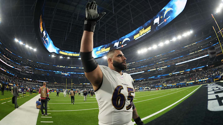 Nov 25, 2024; Inglewood, California, USA; Baltimore Ravens guard Patrick Mekari (65) leaves the field after the game against the Los Angeles Chargers at SoFi Stadium. Mandatory Credit: Kirby Lee-Imagn Images Nov 25, 2024; Inglewood, California, USA; Baltimore Ravens guard Patrick Mekari (65) leaves the field after the game against the Los Angeles Chargers at SoFi Stadium. Mandatory Credit: Kirby Lee-Imagn Images