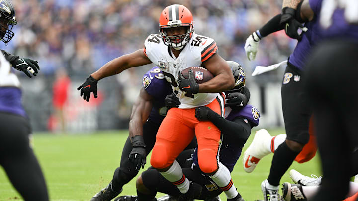 Oct 23, 2022; Baltimore, Maryland, USA; Cleveland Browns running back Nick Chubb (24) rushes during the first quarter against the Baltimore Ravens at M&T Bank Stadium. Mandatory Credit: Tommy Gilligan-Imagn Images Oct 23, 2022; Baltimore, Maryland, USA; Cleveland Browns running back Nick Chubb (24) rushes during the first quarter against the Baltimore Ravens at M&T Bank Stadium. Mandatory Credit: Tommy Gilligan-Imagn Images